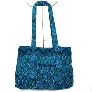 Quilted Tote Bag Extra Large 100% Cotton Blue/Turquoise Abstract Floral Fabric